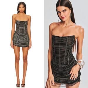 RETROFETE Bianca Beaded Chain Embellished Draped Corset Black Mini Dress Sz M